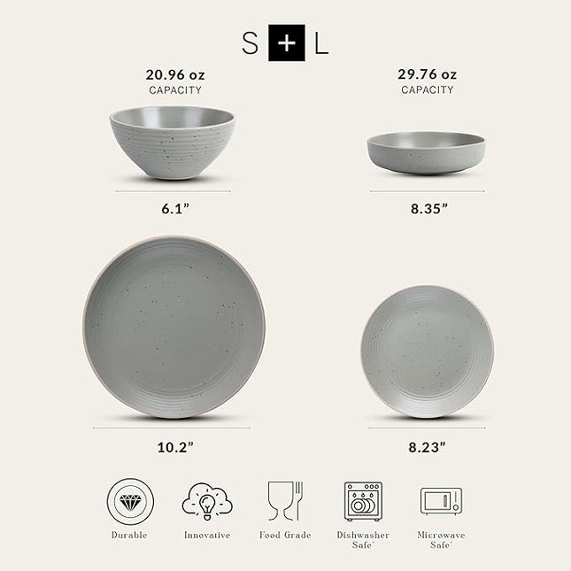 Stone Lain Lauren Stoneware, Rustic Plates and Bowls Set, Dinnerware, Service for 8, Speckled Green, Dishwasher & Microwave Safe, 32-Piece