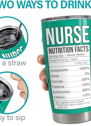 SANDJEST Nurse Tumbler Cup - Nutritional Facts Travel Coffee Mug Gift - 20oz Tumblers Nurse Gifts for Birthday, Christmas, Appreciation Week, Nursing School Graduation for Nurses, Practitioners