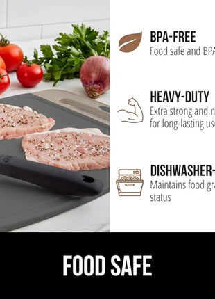 GORILLA GRIP BPA-Free Reversible Kitchen Cutting Board Set of 3, US Designed, Nonporous, Juice Grooves Catch Liquid, Slip Resistant Border, Dishwasher Safe, Durable Food Chopping Boards, Almond Gray