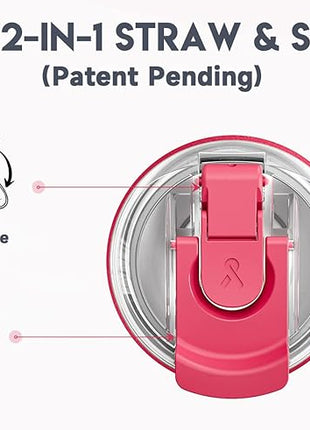 Meoky 24oz Travel Mug, Triple Insulated Stainless Steel Tumbler with Handle and 2-in-1 Straw and Sip Lid, 100% Leak Proof, Keeps Cold for 24 Hours or Hot for 8 Hours, Cupholder Friendly (Ruby)