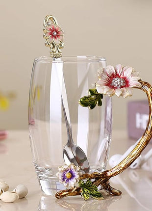 Enamel Sunflower Crystal Lead-Free Glass Tea Cup with Spoon Set, Present for The Christmas, Valentine's Day.Best Present for Mother, Grandma, Girlfriend, Sister.