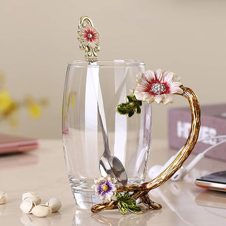 Enamel Sunflower Crystal Lead-Free Glass Tea Cup with Spoon Set, Present for The Christmas, Valentine's Day.Best Present for Mother, Grandma, Girlfriend, Sister.