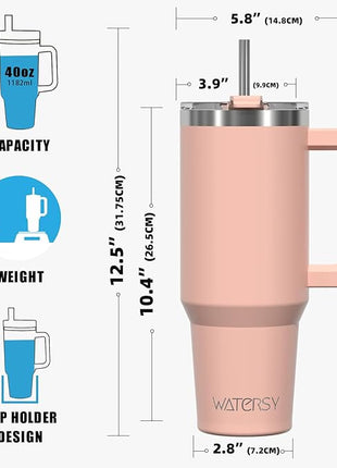 40 oz Tumbler with Handle,Tumbler with Lid and Straw,Double Wall Insulated Cup Stainless Steel Travel Mug(Cold for 34 Hours),Water Bottle for Iced Tea,Coffee,Cold Beverages(Pink)