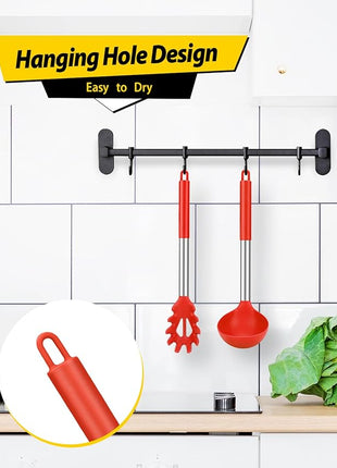 Silicone Pasta Fork and Ladle Spoon Set, Large Non Stick Kitchen Utensils for Cooking,Stirring,Serving Spaghetti, Soup, Sauce (RED)