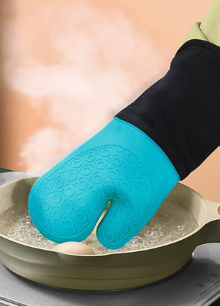 sungwoo Extra Long Silicone Oven Mitts, Heat Resistant Oven Gloves with Quilted Liner Non-Slip Textured Grip Perfect for BBQ, Baking, Cooking and Grilling - 1 Pair 14.6 Inch Turquoise & Black