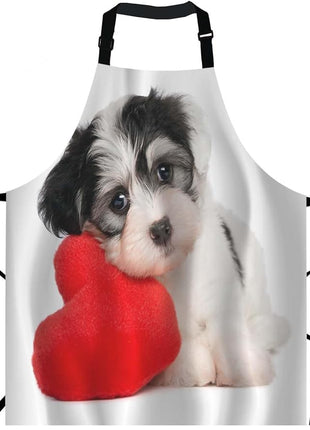 EKOBLA Puppy Dog With A Red Heart Aprons Cute Funny Adorable Animal Romantic Valentine's Day Waterproof Resistant Chef Cooking Kitchen BBQ Adjustable Aprons for Women Men 27x31 Inch