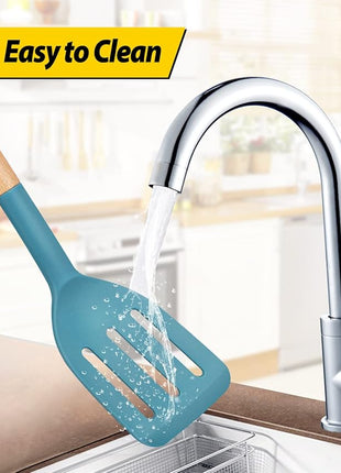 Pack of 2 Silicone Cooking Spatula, Heat Resistant Solid Turner, Non Stick Slotted Spatulas with Wooden Short Handle,Ideal Wood Kitchen Utensils Set for Frying, Baking, Flipping, Turning