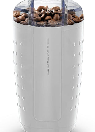 OVENTE Electric Coffee Grinder for Beans, Spices and More, 2.5Oz Compact Grinding Mill, Spice Grinder with Stainless Steel Blade, Pulse Button Operation and Transparent Easy to Open Lid, White CG225W