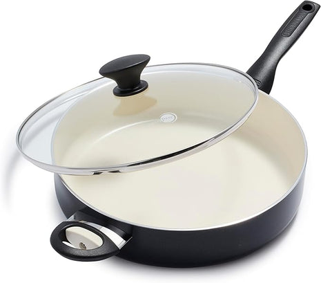 GreenPan Rio Healthy Ceramic Nonstick 5QT Saute Pan Jumbo Cooker with Helper Handle and Lid, PFAS-Free, Dishwasher Safe, Black