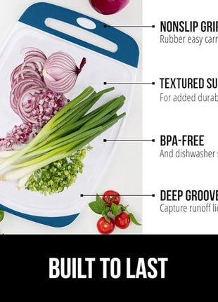 GORILLA GRIP BPA-Free Reversible Kitchen Cutting Board Set of 3, US Designed, Nonporous, Juice Grooves Catch Liquid, Slip Resistant Border, Dishwasher Safe Large Food Chopping Boards, Red Blue Green