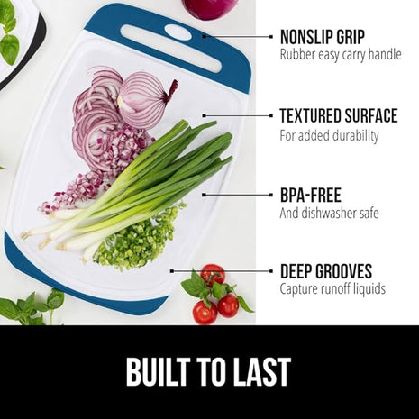 GORILLA GRIP BPA-Free Reversible Kitchen Cutting Board Set of 3, US Designed, Nonporous, Juice Grooves Catch Liquid, Slip Resistant Border, Dishwasher Safe Large Food Chopping Boards, Red Blue Green