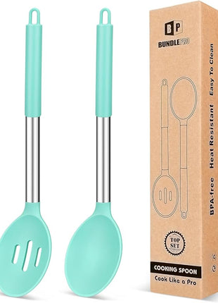 Pack of 2 Large Silicone Cooking Spoons,Non Stick Solid Basting Spoon,Heat-Resistant Kitchen Utensils for Mixing,Serving,Draining,Stirring (GREEN)