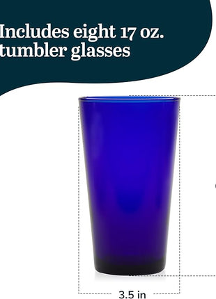 Libbey Cobalt Blue Drinking Glasses, Classic Design Flare Tumbler Glasses Set of 8, Dishwasher Safe Glass Drinking Glasses for Beverages