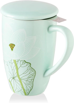 Sweejar Porcelain Tea Infuser Mug with Lid, 16 oz Teacup with Strainers for Loose Leaf Tea, Microwave and Dishwasher Safe Coffee Mug(Cerulean Lotus)