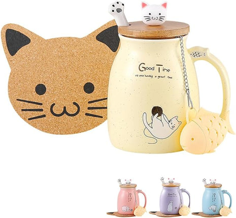 BigNoseDeer Tea Cup With Infuser and Lid Ceramic Coffee Mug Kawaii Cat Mug Cute Mugs Tea Mug Cute Cool Preppy Stuff Cat Gifts Birthday Gifts Cute Gifts for Women Girls(13oz)