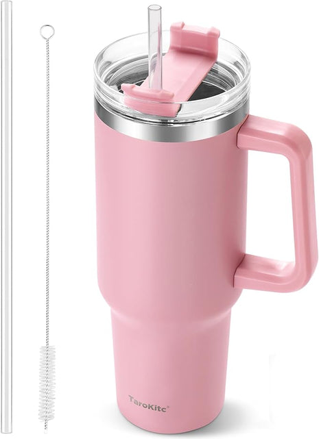 40 oz Tumbler with Handle and Straw, Pink Insulated Travel Mug Iced Coffee Cup, Reusable Stainless Steel Insulated Water Bottle, Keeps Drinks Cold for 34 Hours, Women Christmas Gifts for Mom Grandma