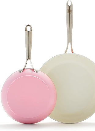 GreenLife Artisan Healthy Ceramic Nonstick, 8" and 10" Frying Pan Skillet Set, Stainless Steel Handle, PFAS-Free, Dishwasher Safe, Oven Safe, Soft Pink