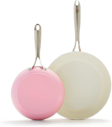 GreenLife Artisan Healthy Ceramic Nonstick, 8" and 10" Frying Pan Skillet Set, Stainless Steel Handle, PFAS-Free, Dishwasher Safe, Oven Safe, Soft Pink