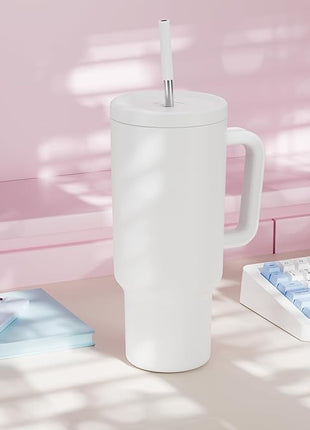 Meoky 40 oz Tumbler with Handle and Straw: Stainless Steel Insulated Tumbler with Lid and Straw - 100% Leak Proof Tumbler for Car Cup Holders - Travelers Commuters Workers, White