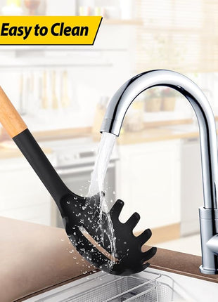 Silicone Pasta Fork and Ladle Spoon Set with Wooden Handle, Heat Resistant Non Stick Kitchen Utensils for Cooking, Stirring, Serving Spaghetti, Soup, Sauce(BLACK)