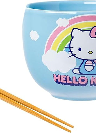 Silver Buffalo Hello Kitty Rainbow and Clouds Ceramic Ramen Noodle Rice Bowl with Chopsticks, Microwave Safe, 20 Ounces
