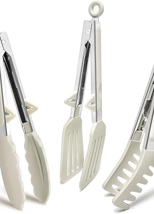 Kitchen Tongs, 9 Inch Tongs for Cooking with Silicone Tips, Food Grade Small Silicone Tongs, Mini Serving Tongs for Nonstick Pans, BBQ, Salad, Set of 3, White