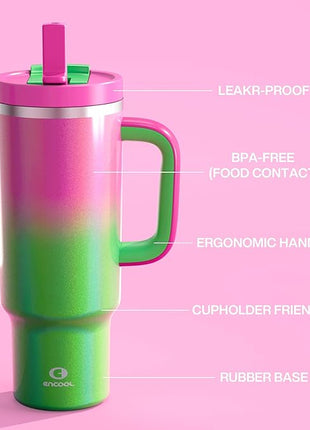 40 oz Tumbler with Handle and Straw: Stainless Steel Insulated Tumbler Keeps Cold for 24 Hours, Leakproof Travel Cup Fits in Cup Holder and BPA-Free, Fuchsia