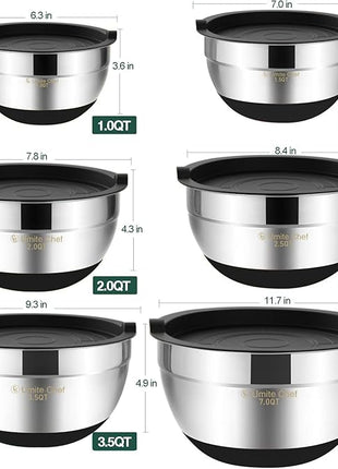 Umite Chef Mixing Bowls with Airtight Lids，6 piece Stainless Steel Metal Nesting Storage Bowls, Non-Slip Bottoms Size 7, 3.5, 2.5, 2.0,1.5, 1QT, Great for Mixing & Serving(Black)