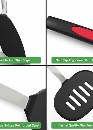 Silicone Spatula Turner Set of 4, GEEKHOM 600°F Heat Resistant Cooking Spatulas for Nonstick Cookware, Large Flexible Kitchen Utensils BPA Free Rubber Spatulas for Pancake, Eggs, Fish, Black