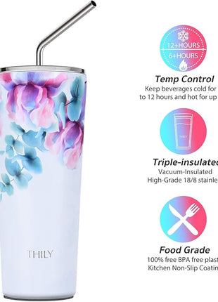 THILY Stainless Steel Vacuum Insulated Tumbler 26 oz Triple-Insulated Travel Mug with Splash-Proof Lid, for Iced Coffee and Hot Beverage, Pink Lilies + Blue Maple