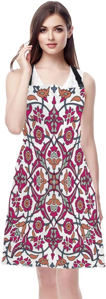 EKOBLA Retro Flower Print Aprons Decorative Vintage Oriental Tribal Floral Ornament Paisley Waterproof Resistant Chef Cooking Kitchen BBQ Adjustable Aprons for Women Men 27x31 Inch