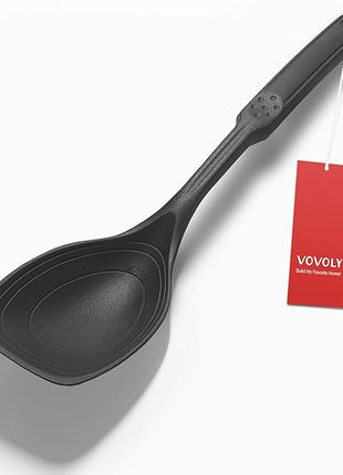 Large Silicone Cooking Spoon, Non-Stick Solid Spoon set with Deep Bolw and Measurement Mark for Mixing, Serving, Draining, Scooping, Scraping, Heat Resistant Kitchen Utensils, Black