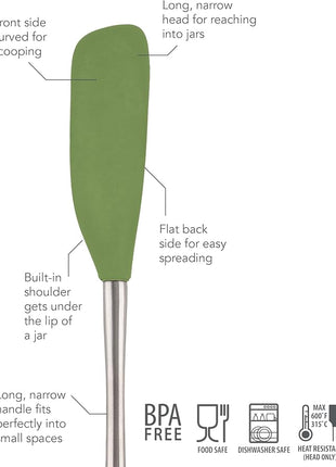 Tovolo Jar Spatula Silicone Long Stainless Steel Handle Scraper Spatula Pesto Green, Jar Scraper Heat Resistant Dishwasher Safe BPA Free Kitchen Utensil for Scraping Spreading Jelly Peanut Butter