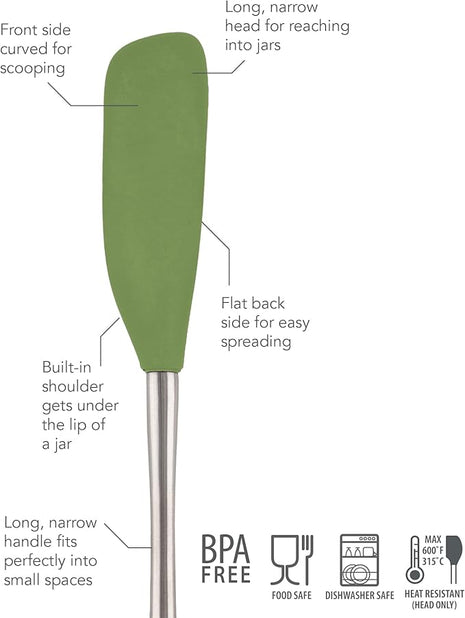 Tovolo Jar Spatula Silicone Long Stainless Steel Handle Scraper Spatula Pesto Green, Jar Scraper Heat Resistant Dishwasher Safe BPA Free Kitchen Utensil for Scraping Spreading Jelly Peanut Butter