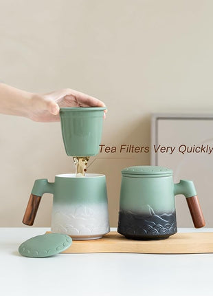 ZENS Tea Mug with Infuser and Lid for Loose Leaf Steeper, 16.9 oz Embossed Ceramic Tea Cup with Fine Tea Strainers, Wood Handle Large Tea Diffusers Mugs for Tea Lovers Gifts