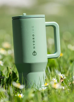 HydroJug Traveler - 32 oz Water Bottle with Handle & Flip Straw - Fits in Cup Holder, Leak Resistant Tumbler-Reusable Insulated Stainless Steel & Rubber Base - Gifts for Women & Men, Sage