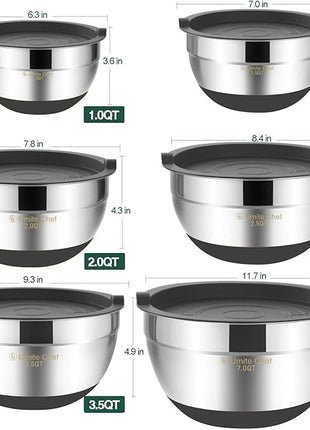 Umite Chef Mixing Bowls with Airtight Lids，6 piece Stainless Steel Metal Nesting Storage Bowls, Non-Slip Bottoms Size 7, 3.5, 2.5, 2.0,1.5, 1QT, Great for Mixing & Serving(Grey)