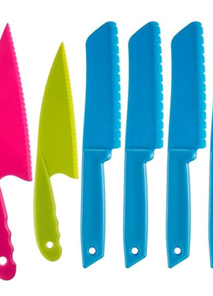 JOVITEC 8 Pcs Kid Cooking Kitchen Knife Set, Plastic Serrated Edges Children's Safe Chef Nylon Knives for Cutting Fruit Bread Cake Salad Lettuce Kids Cooking Supply(Blue Square Knife)