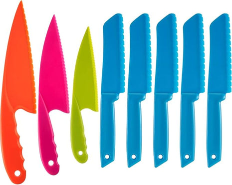 JOVITEC 8 Pcs Kid Cooking Kitchen Knife Set, Plastic Serrated Edges Children's Safe Chef Nylon Knives for Cutting Fruit Bread Cake Salad Lettuce Kids Cooking Supply(Blue Square Knife)