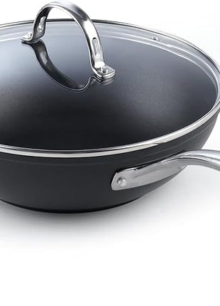 Cooks Standard Nonstick Stir-Fry Wok Pan 11-Inch, Hard Anodized Deep Frying Pan with Glass Lid, Flat Bottom, Black
