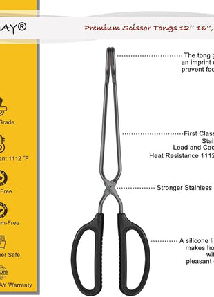 Stainless Steel Scissor Tongs 12" and 16" Set, Extra Long Metal Kitchen Tongs for Cooking, Grilling & Serving (Set of 2, Black)