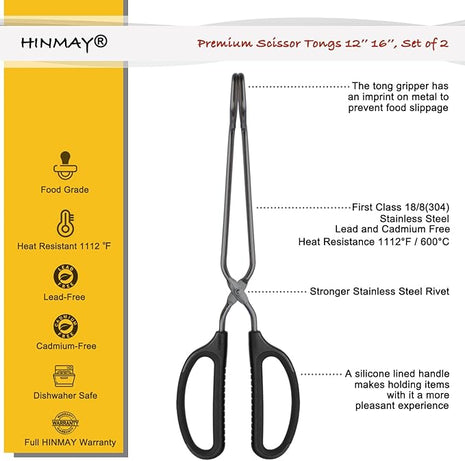 Stainless Steel Scissor Tongs 12" and 16" Set, Extra Long Metal Kitchen Tongs for Cooking, Grilling & Serving (Set of 2, Black)