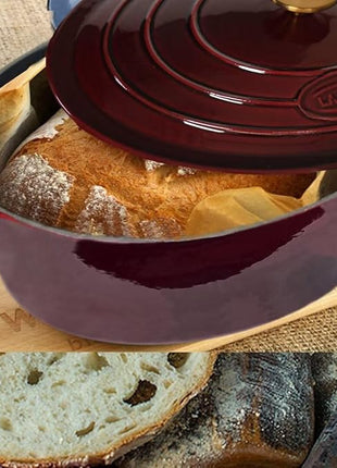 La Cuisine Enameled Cast Iron Oval Dutch Oven Casserole Dish Pot with Lid 6.75 QT Internal Matte Black Enamel Coating for bread baking, Gold-Plated Stainless Steel Lid Handle, Oven Safe up to 500° F. Cranberry
