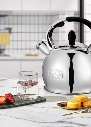 SUSTEAS Stove Top Whistling Tea Kettle - Food Grade Stainless Steel Teakettle Teapot with Cool Touch Ergonomic Handle, With 1 Silicone Pinch Mitt Included,2.64 Quart(SILVER)