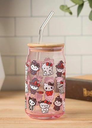 Silver Buffalo Sanrio Hello Kitty and Friends Halloween Spooky Costumes Ghost Witch Vampire Zombie Frankenstein Skeleton Pink Glass Jar Tumbler with Bamboo Lid and Glass Straw, 16 Ounces