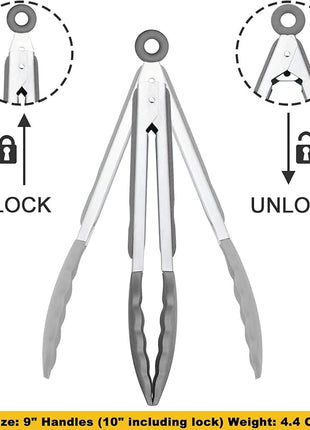 Locking Kitchen Tongs with Silicon Tips 9-Inch Stainless Steel Grilling Tongs, Set of 3 (Gray)
