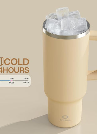 ENCOOL 40 oz Tumbler with Handle and Straw: Stainless Steel Insulated Tumbler Keeps Cold for 24 Hours, Leakproof Travel Cup Fits in Cup Holder and BPA-Free, Indian Khaki