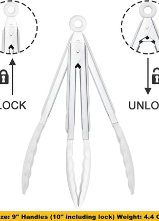 Silicone Kitchen Tongs 9-Inch Stainless Steel Basics Tongs with Non-Stick Silicone Tips, Set of 3 (White)