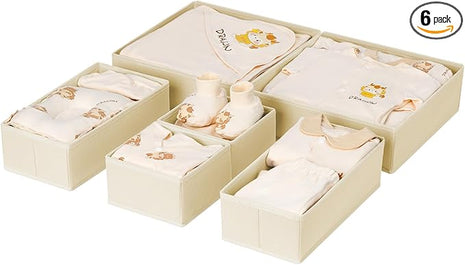 DIMJ Drawer Organizer Clothes 6 Pack - Foldable Baby Organizers and Storage & Dresser Organizer for Bedroom, Closet - Nursery Organization Dresser Dividers for underwear, Sock,Bra, Belt, Tie, Beige