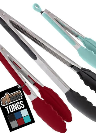 GORILLA GRIP Stainless Steel Heat Resistant Kitchen Tongs for Cooking, 7 + 9 + 12 Inch Set of 3 BBQ Tong, Non Scratch Silicone Tip for Pans, Strong Grip, Grab Food, Pull Lock, Black Mint Red